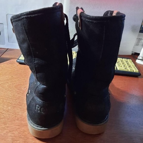 Roxy Fold Over Lace Up BRUNA Combat Boots Black Faux Fur Lined Size 9 Prelove - Picture 4 of 8